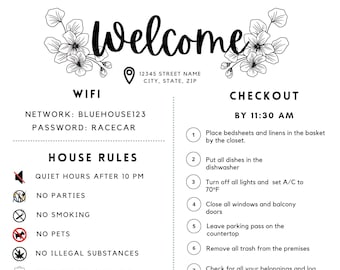 AirBnB Welcome Letter | Floral Design | Refrigerator Frame, Guest Info, Hosting Rules and Checkout, Canva, Simple and modern | STR Vrbo