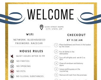AirBnB Welcome Letter | Gold Trim Design | Refrigerator Frame, Guest Info, Hosting Rules and Checkout, Canva, Simple and modern | STR Vrbo