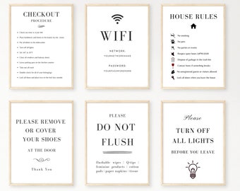 AirBnB Sign Bundle, House Rules, Checkout, Wifi Sign, Shoes, Turn off Lights, Flush Package | STR Vrbo | Canva | Simple Modern Design | Host