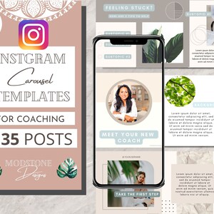 May include: A set of Instagram carousel templates for coaching, featuring a light brown background with green leaves and a white phone screen displaying a coaching template with the text "Meet Your New Coach". The text "135 Posts" is also visible on the image.
