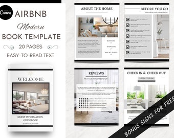 AirBnB Welcome Book Template, Simple and Modern AirBnb guest Book, Black and White, Guest Info House Rules Checkout Checklist, Canva, Signs