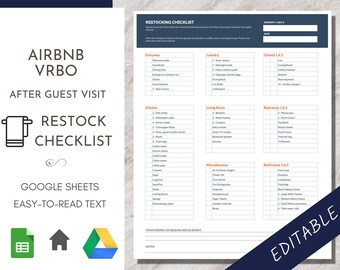 AirBnB Checklist, Restock, Supplies, Airbnb Inventory Sheet, Vrbo Short Term Rental, After Guest Checkout Cleaning, Google Excel Sheets