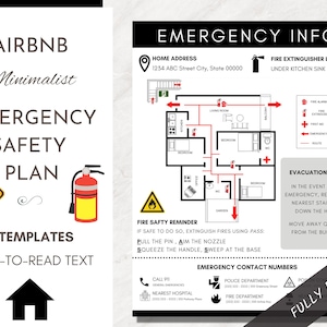 Plan de evacuación en caso de incendio de Airbnb / Plan de seguridad de evacuación / Señales de Airbnb / Minimalista / STR Vrbo / Editar en Canva / Diseño moderno y sencillo