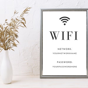 Könnte beinhalten: Ein silberner Rahmen mit dem Wort "WIFI" in schwarzer Schrift. Das Schild enthält auch ein WLAN-Symbol und den Text "NETWORK: YOURNETWORKNAME" und "PASSWORD: YOURPASSWORDHERE".