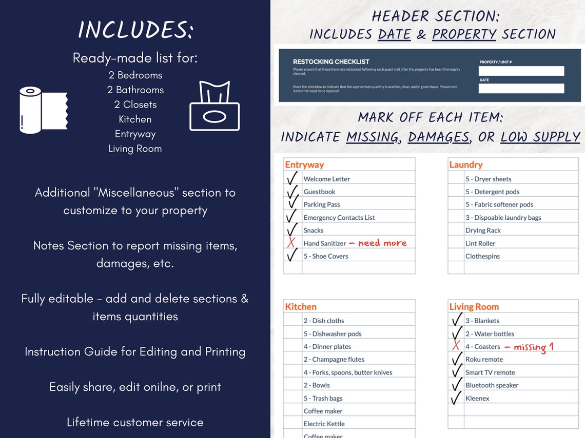 Airbnb Checklist Restock Supplies Airbnb Inventory Sheet Etsy