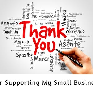 Peut inclure: Un nuage de mots dans diff&eacute;rentes langues exprimant la gratitude, avec les mots "Merci" et "Vous" en grandes lettres rouges au centre. Le texte sous le nuage de mots dit "Pour soutenir ma petite entreprise".