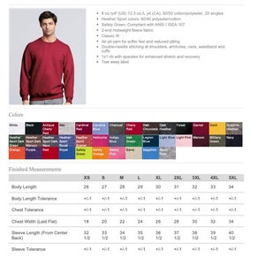 Peut inclure: Un tableau des tailles pour un sweat-shirt &agrave; col rond Gildan Heavy Blend, indiquant les mesures en pouces pour la longueur du corps, la largeur de la poitrine, la longueur des manches et la tol&eacute;rance pour chaque taille de XS &agrave; 5XL.