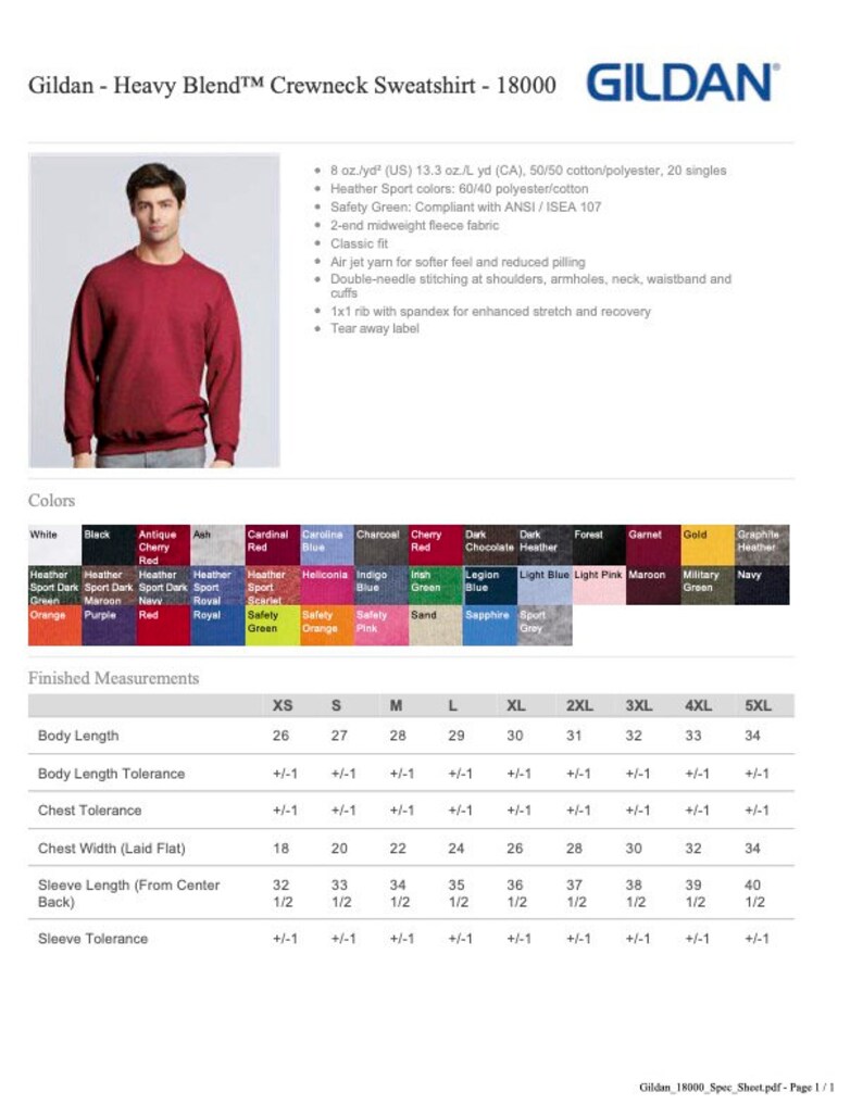 Peut inclure: Un tableau des tailles pour un sweat-shirt &agrave; col rond Gildan Heavy Blend, indiquant les mesures en pouces pour la longueur du corps, la largeur de la poitrine, la longueur des manches et la tol&eacute;rance pour chaque taille de XS &agrave; 5XL.