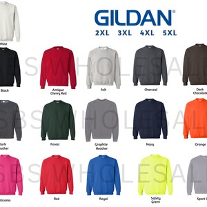 Peut inclure: Un tableau pr&eacute;sentant 15 sweat-shirts &agrave; col rond Gildan de diff&eacute;rentes couleurs dans les tailles 2XL, 3XL, 4XL et 5XL. Les couleurs incluent le blanc, le noir, le rouge cerise antique, le gris cendr&eacute;, le charbon de bois, le chocolat noir, le gris fonc&eacute;, le vert for&ecirc;t, le gris chin&eacute; graphite, le marine, l'orange, l'h&eacute;liconia, le rouge, le bleu royal, le vert s&eacute;curit&eacute; et le gris sport.