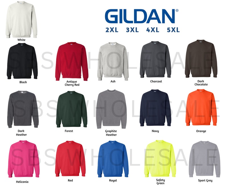 Peut inclure: Un tableau pr&eacute;sentant 15 sweat-shirts &agrave; col rond Gildan de diff&eacute;rentes couleurs dans les tailles 2XL, 3XL, 4XL et 5XL. Les couleurs incluent le blanc, le noir, le rouge cerise antique, le gris cendr&eacute;, le charbon de bois, le chocolat noir, le gris fonc&eacute;, le vert for&ecirc;t, le gris chin&eacute; graphite, le marine, l'orange, l'h&eacute;liconia, le rouge, le bleu royal, le vert s&eacute;curit&eacute; et le gris sport.