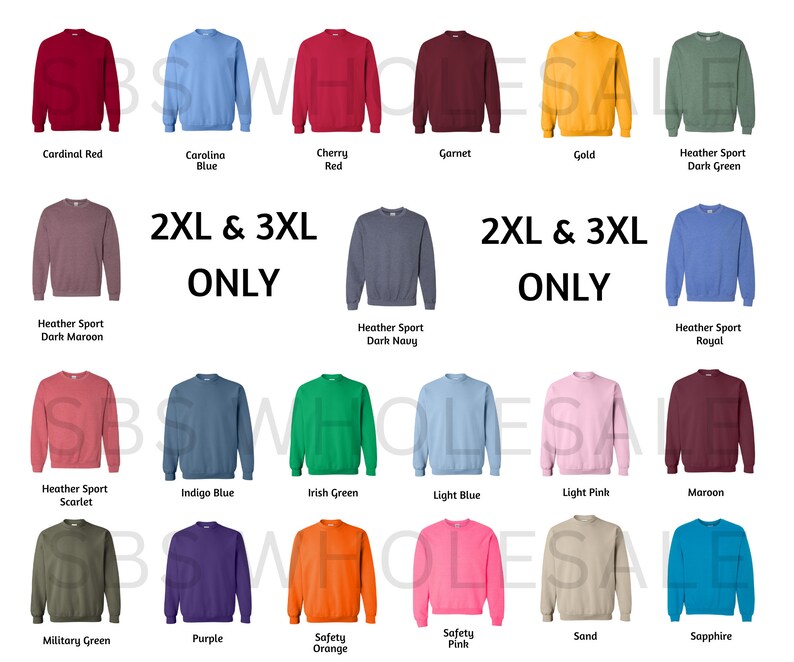 Peut inclure: Un tableau pr&eacute;sentant 18 couleurs diff&eacute;rentes de sweat-shirts &agrave; col rond. Les couleurs incluent le rouge cardinal, le bleu Caroline, le rouge cerise, le grenat, l'or, le vert fonc&eacute; sport chin&eacute;, le marron fonc&eacute; sport chin&eacute;, le bleu marine fonc&eacute; sport chin&eacute;, le bleu royal sport chin&eacute;, l'&eacute;carlate sport chin&eacute;, le bleu indigo, le vert irlandais, le bleu clair, le rose clair, le marron, le vert militaire, le violet, l'orange s&eacute;curit&eacute;, le rose s&eacute;curit&eacute;, le sable et le saphir. Le tableau comprend &eacute;galement le texte "2XL & 3XL ONLY" au centre.