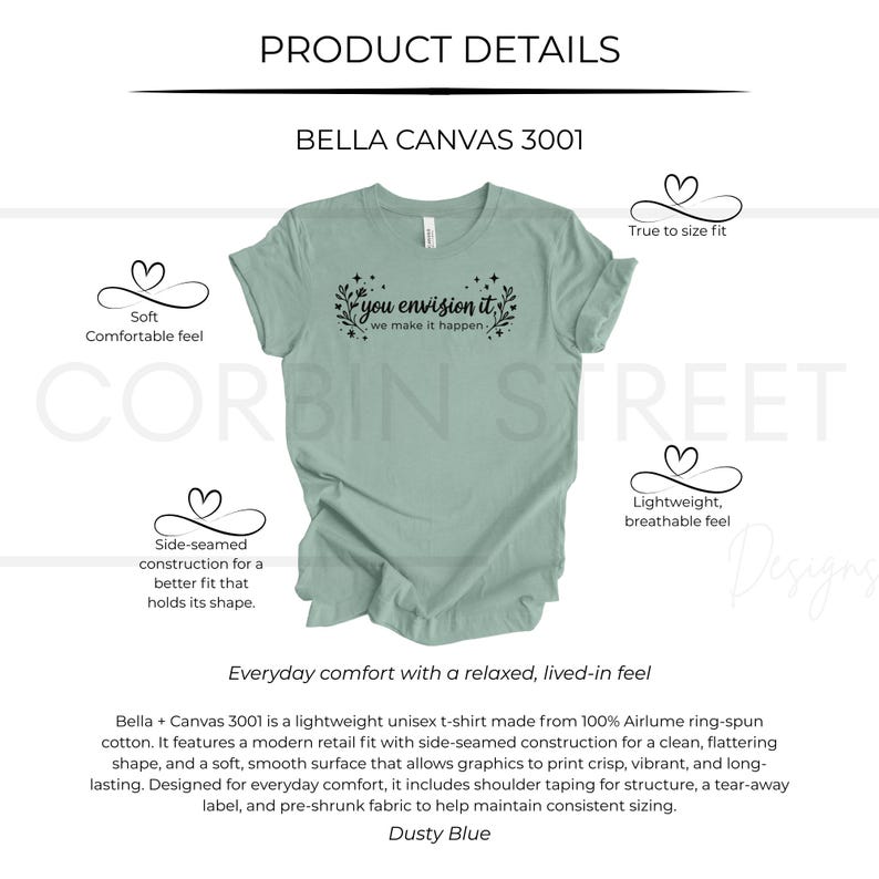 Może przedstawiać: Koszulka Bella + Canvas 3001 w kolorze pyłowego błękitu z napisem "you envision it, we make it happen". Koszulka ma nowoczesny kr&oacute;j, boczne szwy i miękką powierzchnię. Wykonana w 100% z bawełny Airlume ring-spun.