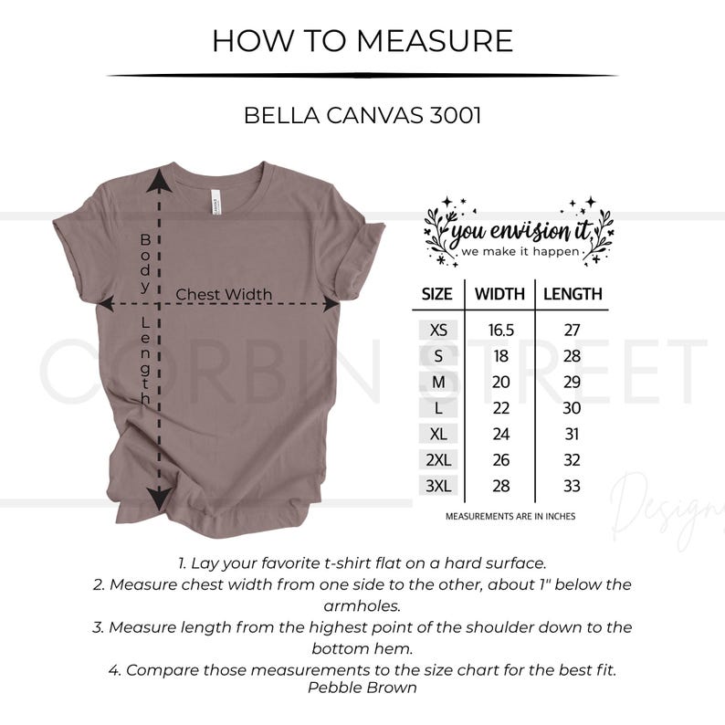 Może przedstawiać: Koszulka Bella Canvas 3001 w kolorze pebble brown z tabelą rozmiar&oacute;w. Tabela pokazuje wymiary w calach dla szerokości i długości, od XS do 3XL. Dołączono r&oacute;wnież instrukcje dotyczące pomiaru koszulki.