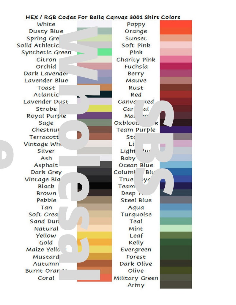 HEX And RGB Codes For Bella Canvas 3001 Shirts Red Green Blue Codes bella-color-chart