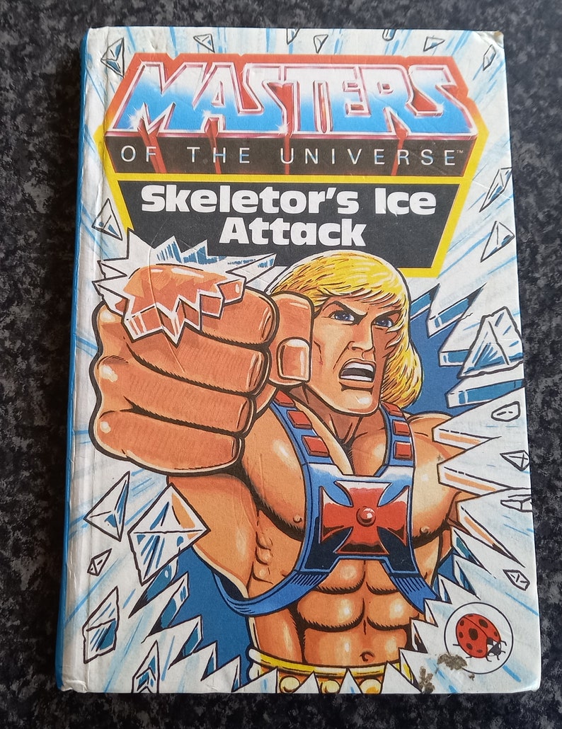 May include: A vintage "Masters of the Universe" book titled "Skeletor's Ice Attack." The cover features a muscular, blonde-haired character in a blue and red outfit, punching through a shattered ice effect. The book's title is in bold, colorful lettering.