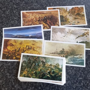 May include: A collection of vintage trading cards depicting scenes of war. The cards feature illustrations of soldiers, battleships, and airplanes. The cards are in good condition and would be a great addition to any collection.