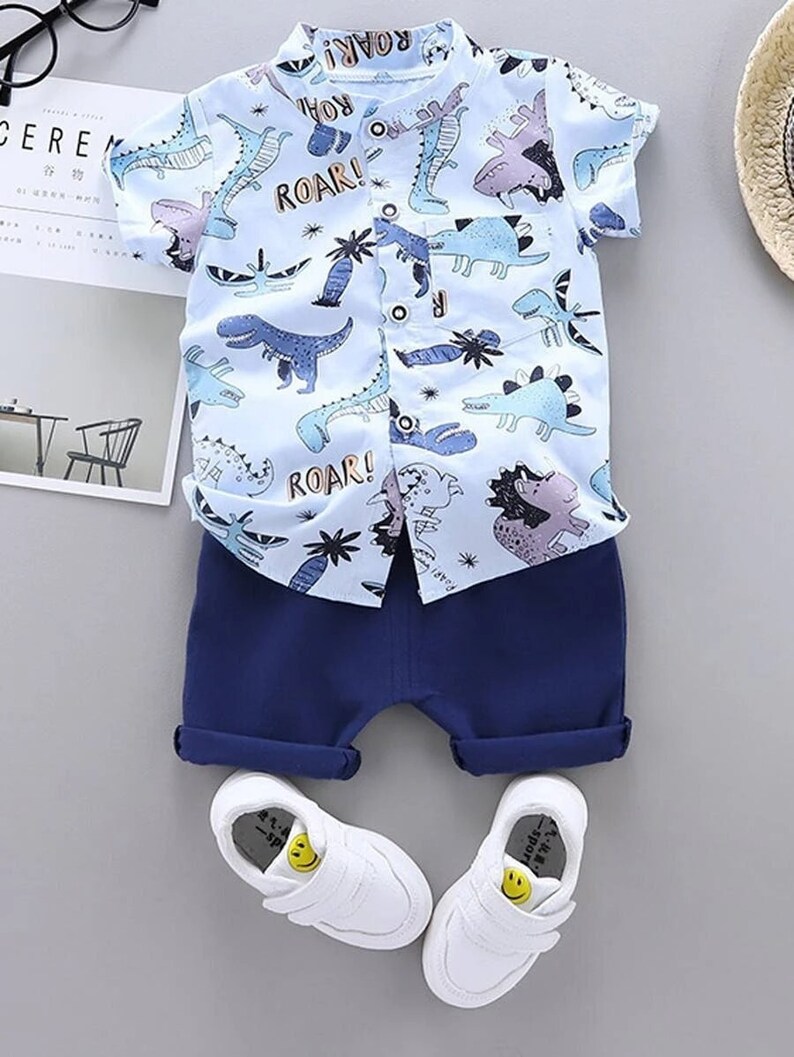 Cute Baby Boy Clothing Set| Toddler Boys Cartoon Dinosaur & Letter Graphic Shirt With Shorts| Birthday Gift For Baby Boys 