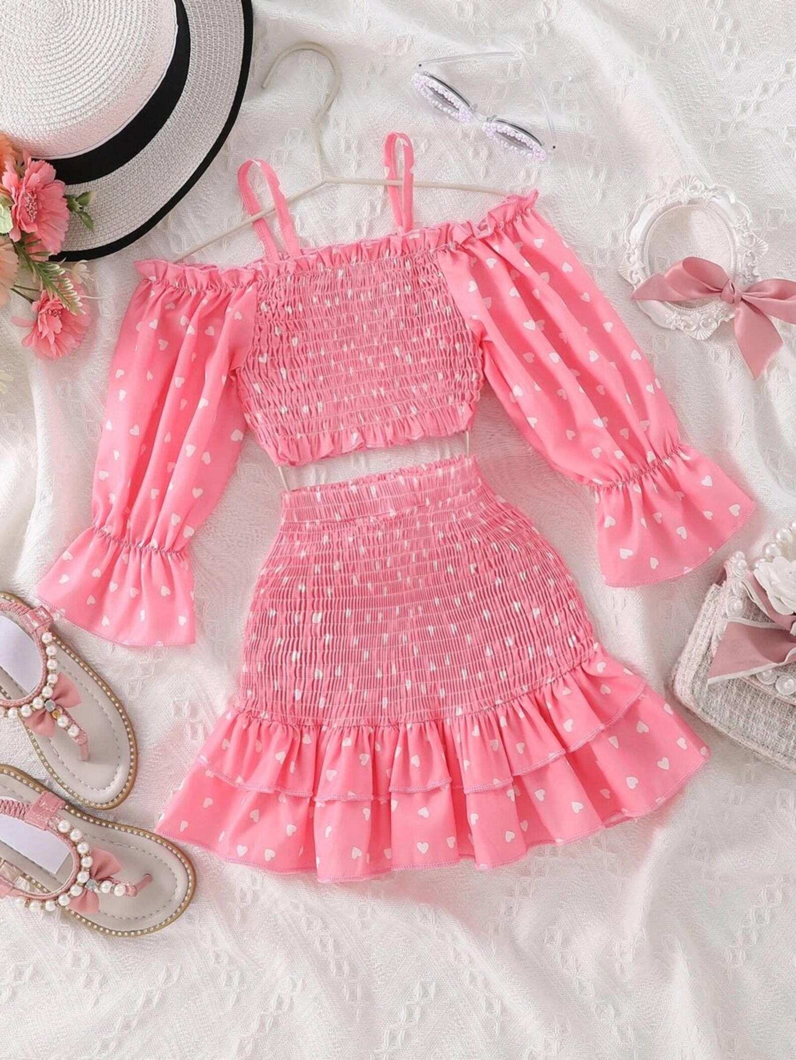 Cute Girl Clothing Set Toddler Girl Heart Print Shirred Top & Etsy