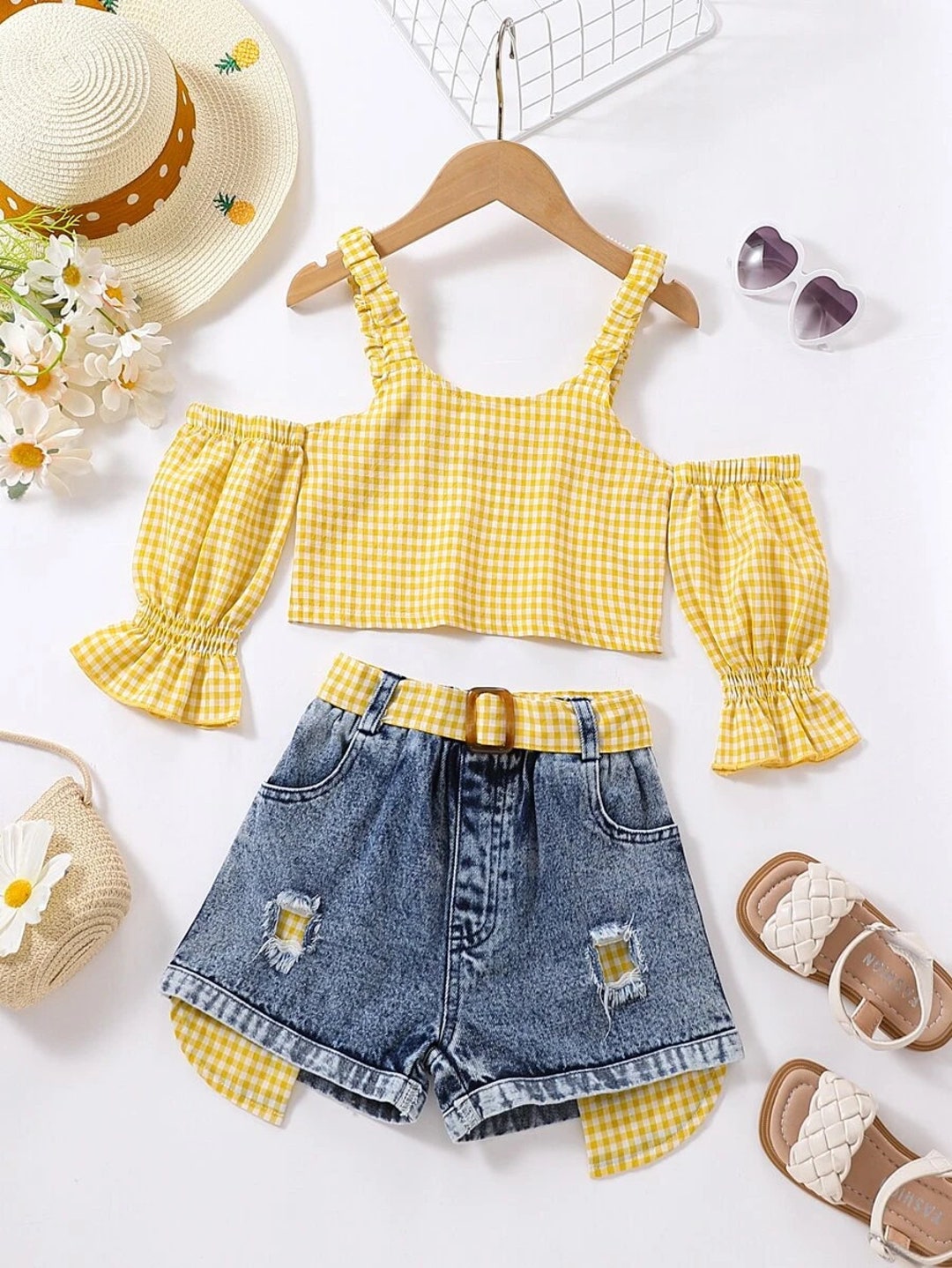 Cute Girl Outfits Sets Toddler Girl Gingham Top & Ripped - Etsy