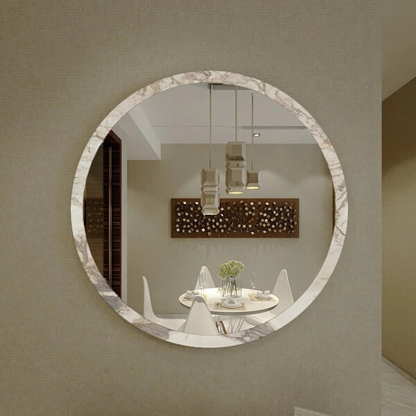 Miroir mural rond en marbre blanc et marbre gris / 60 cm, 23,6 pouces