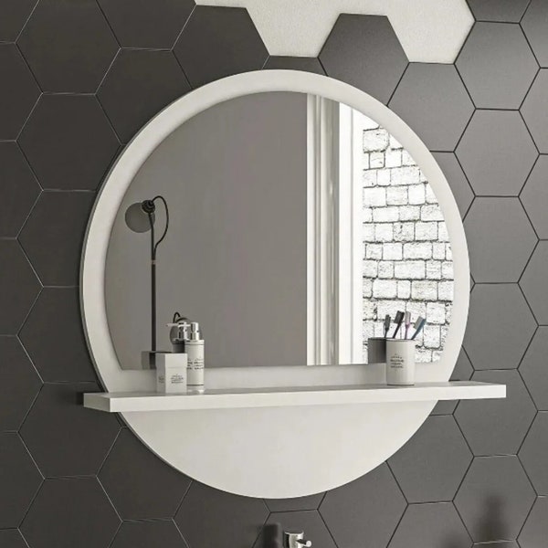 Specchio da bagno con mensola di colore bianco / Dimensioni 60 cm, 23,6 pollici.