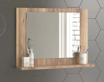 Rectangle Wall Mirror with Shelf in Walnut Color / Size 60x45 cm, 23.6x18 in.