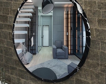 Round Wall Mirror in Black Color / 60 cm, 23.6 inche
