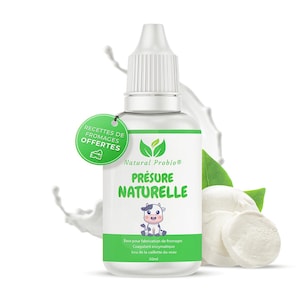Op de afbeelding: Een witte fles met een groen etiket waarop "Natural Probio® Présure Naturelle" staat. Het etiket bevat ook een cartoonkoe en de tekst "Base pour fabrication de fromages Coagulant enzymatique Issu de la caillette du veau 50ml".