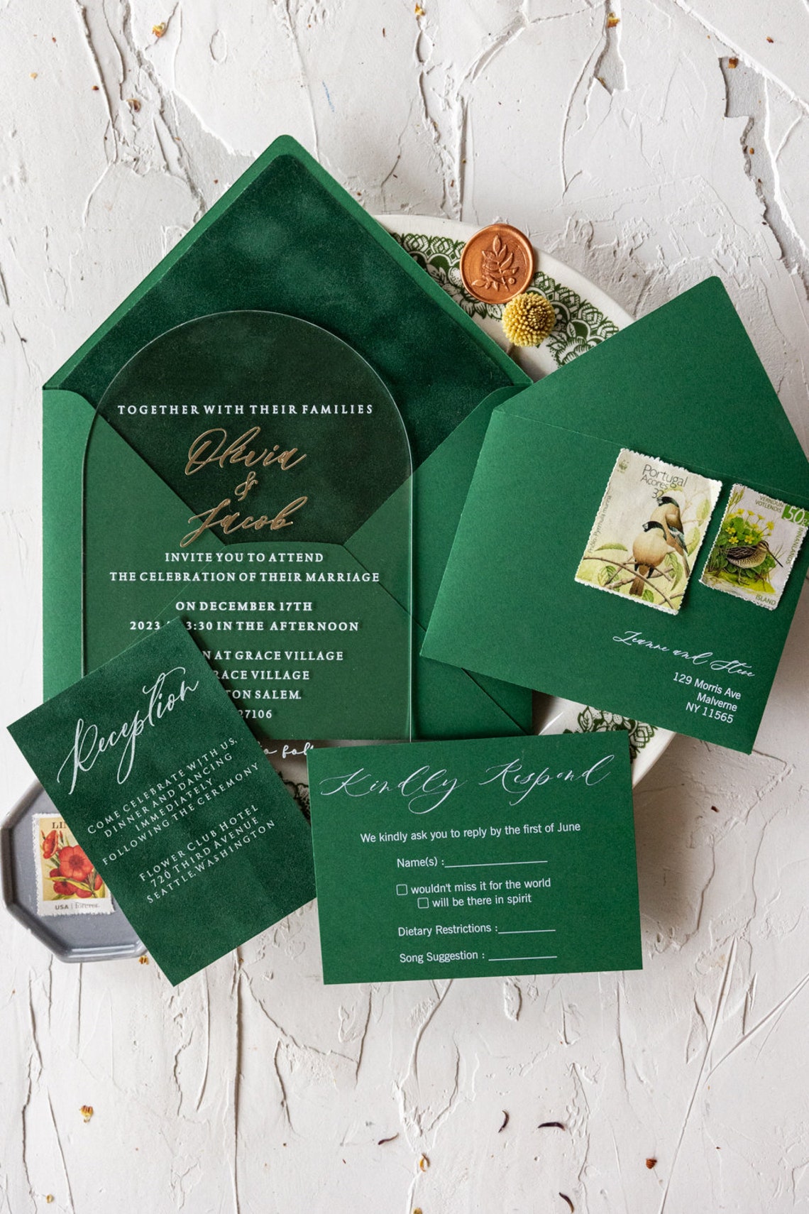 Arch Acrylic Green Wedding Invitations Velvet invitations image 1