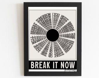 Puede incluir: Impresión enmarcada en blanco y negro con un diseño circular de las palabras "Repeat the pattern, will you, today or tomorrow, you must break the pattern" y el texto "Break it now" debajo del círculo.