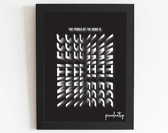 Puede incluir: Impresión enmarcada en blanco y negro con el texto "THE POWER OF THE MIND IS" y la palabra "LIMITLESS" repetida en un diseño de ilusión óptica 3D. La impresión está firmada "pixelartsy" en la esquina inferior derecha.
