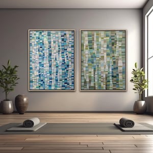 Abstraktes Diptychon Leinwanddruck: Grün Blau Botanisches Giclée, Limitierte Auflage