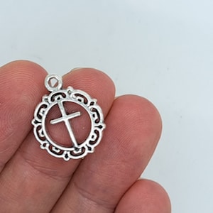 10 cross charms, antique silver effect, cross in wreath charm, cross in circle charm, round cross charm, Christian charm