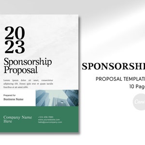 May include: A 2023 Sponsorship Proposal template with a green background and a city skyline image. The text "Sponsorship Proposal Templates" is in black text with the number "10 Pages" below it. The Canva logo is in the bottom right corner.