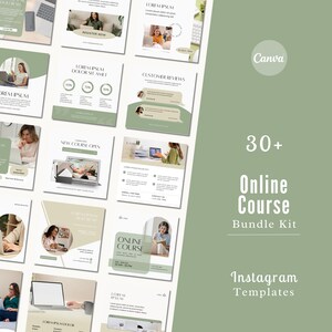 以下が含まれることがあります： オンラインコース用の30以上のInstagramテンプレートセット。テンプレートは、緑と白のカラーテーマで、ラップトップを使用している人の画像が特徴です。テンプレートのテキストには、「オンラインコースバンドルキット」と「Instagramテンプレート」が含まれています。