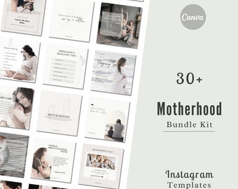 Pode incluir: Um conjunto de mais de 30 modelos do Instagram para a maternidade, com imagens de mulheres grávidas, mães com bebês e famílias. Os modelos são projetados em um estilo minimalista com uma paleta de cores neutras.