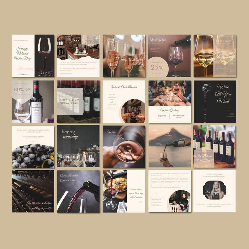 May include: A collage of 16 images featuring wine-related themes. The images include wine bottles, glasses, grapes, and text such as "Happy National Wine Day", "Wine Tasting", and "Wine All You Want".