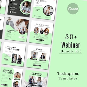May include: A set of 30+ Instagram templates for promoting webinars. The templates feature a green and black color scheme with images of people speaking at webinars. The text on the templates includes "Webinar", "Add Webinar Title Here", "Register Now", and "Sign Up Now".