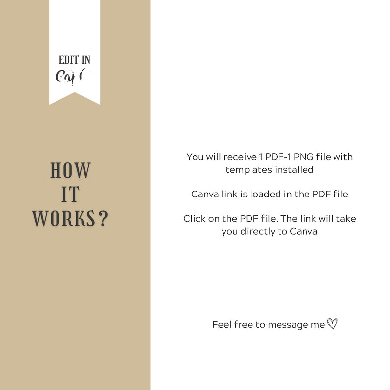 May include: A beige background with text that reads "EDIT IN Canva" in a white rectangle with rounded corners. Below the rectangle, the text "HOW IT WORKS?" is in black. On the right side of the image, the text "You will receive 1 PDF-1 PNG file with templates installed. Canva link is loaded in the PDF file. Click on the PDF file. The link will take you directly to Canva. Feel free to message me." is in black.