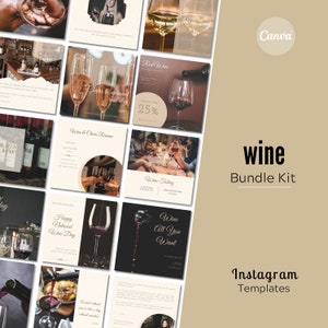 May include: A set of nine Instagram templates for promoting wine. The templates feature images of wine glasses, bottles, and people enjoying wine. The templates are designed in a modern and minimalist style with a color palette of black, white, and beige. The text on the templates includes phrases like "Cheers to National Wine Day", "Wine & Cheese Reunion", and "Wine Tasting".