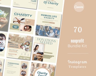 Plantillas de Instagram para organizaciones sin fines de lucro / 70 diseños de publicaciones e historias (PDF)