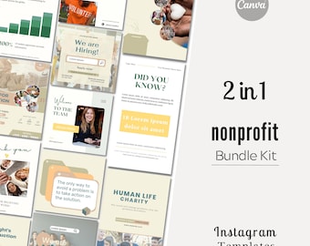 Op de afbeelding: Een set van 2 in 1 non-profit Instagram-sjablonen voor sociale media. De sjablonen bevatten een verscheidenheid aan ontwerpen met tekst zoals "Oproep voor vrijwilligers", "We zijn aan het werven!" en "Wist je dat?" De sjablonen zijn in een lichtgroen en bruin kleurenschema.