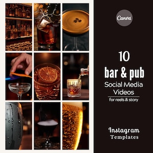 May include: A collection of images featuring cocktails and bar settings. The images include an espresso martini, a cocktail with an ice cube, and a pint of beer. Text reads "10 bar & pub Social Media Videos for reels & story Instagram Templates."