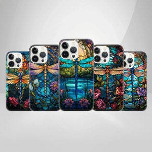 Custodia per telefono in vetro colorato libellula Cover in vetro artistico per iPhone 15 14 13 12 11 XR, Samsung S24 S23 S22 A73 A53 A13 A14 S21 Fe S20, Pixel 8 7
