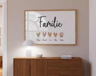 Familienposter mit Herzen, Familie Personalisiert, Familienbild Geschenk zur Geburt, Hochzeit, Umzug, Personalisiertes Geschenk für Familien