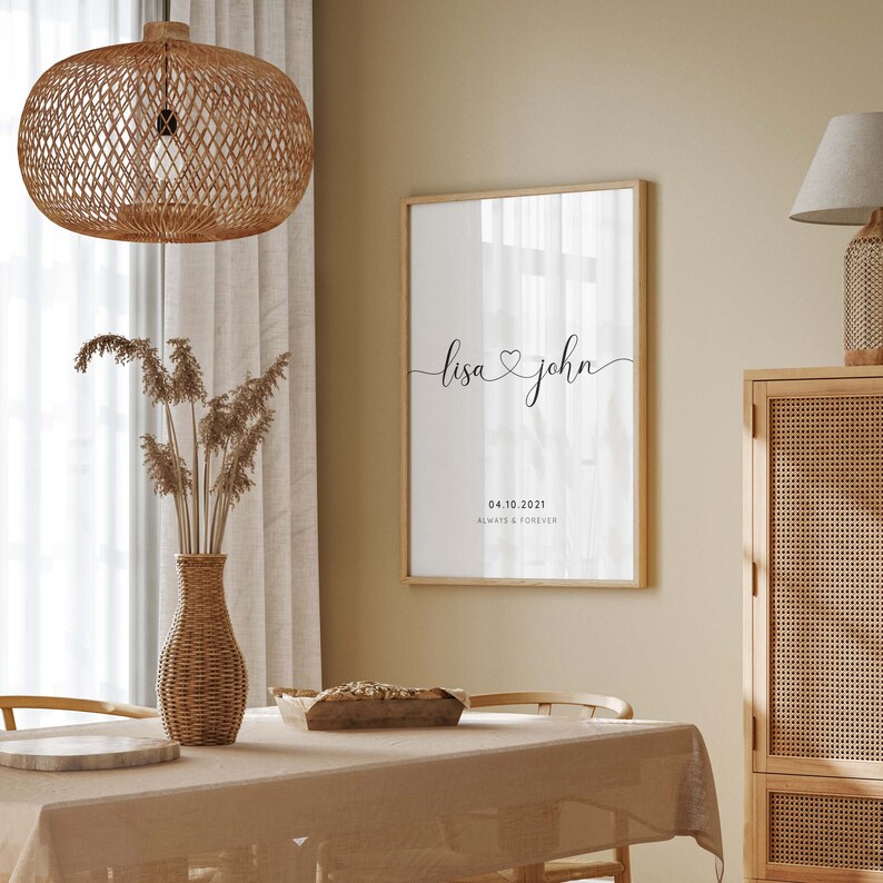 May include: A framed print with a white background and black text. The text reads "Lisa & John" with a heart symbol between the names. The date "04.10.2021" and the words "Always & Forever" are also included in the text.