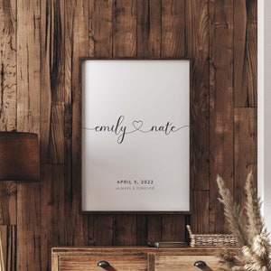 May include: A white framed print with the names "emily" and "nate" connected by a heart symbol. The text "APRIL 5, 2022" and "ALWAYS & FOREVER" are printed below the names.