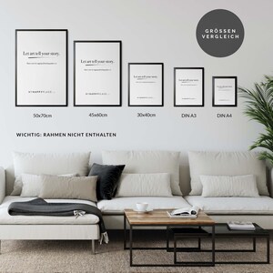 May include: A comparison of different sizes of black framed prints with the text "Let art tell your story." The prints are shown on a white wall with a sofa and coffee table in the foreground. The sizes are 50x70cm, 45x60cm, 30x40cm, DIN A3, and DIN A4.