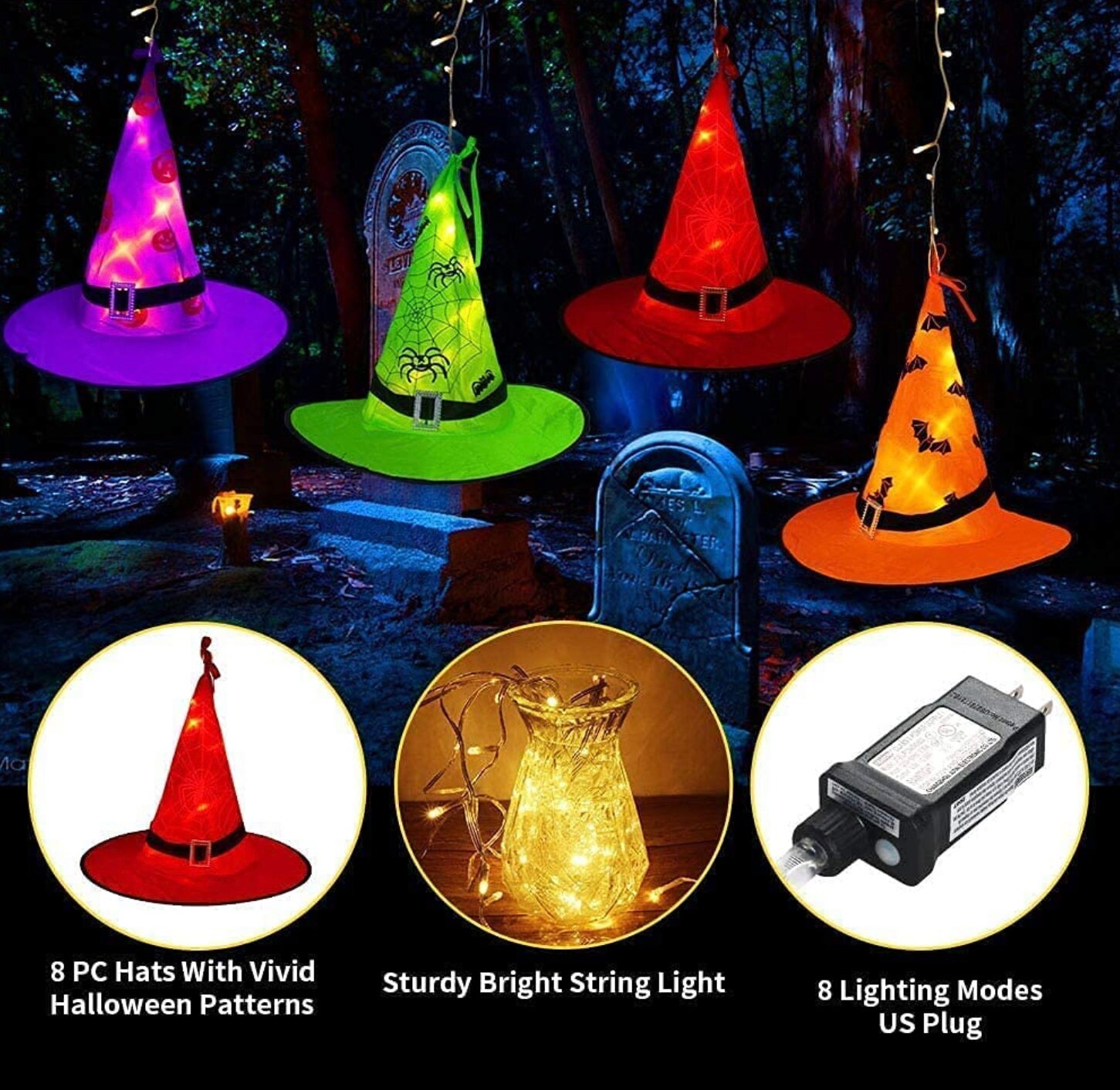 Halloween Decor Lighted Witch Hats 8pcs Hanging Glowing Witch Etsy