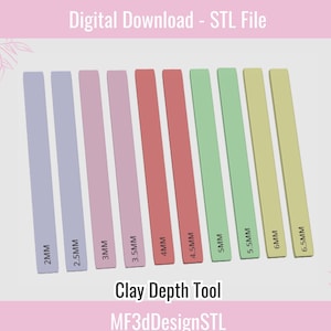Puede incluir: Un conjunto de diez herramientas de profundidad para arcilla, que van desde 2 mm hasta 6,5 mm. Las herramientas están codificadas por colores para una fácil identificación. Las herramientas están etiquetadas con su tamaño en milímetros. Descarga digital - Archivo STL. MF3dDesignSTL